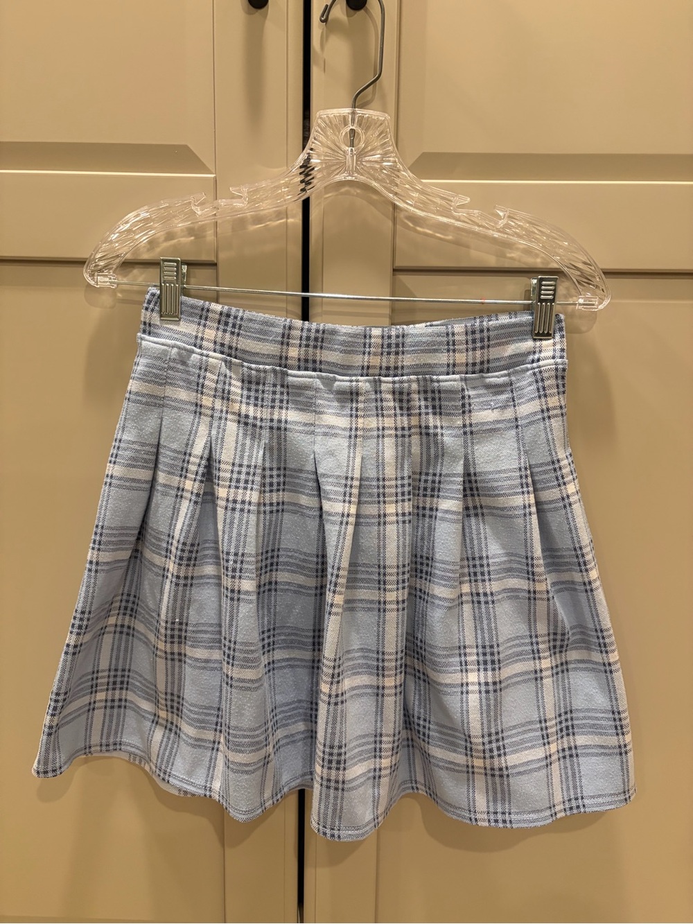 Pleated Light Blue Plaid Mini Skirt
